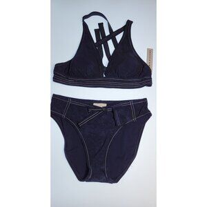 Robin Piccone Bikini Womens Swim Top V-Neck Bottom High Rise Sz Medium Navy Blue
